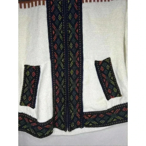 Handmade Peru Women's Alpaca White Multi‎ Cardigan Sweater Hood Zip up size: L - Picture 4 of 12